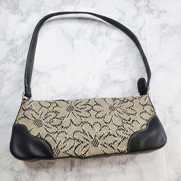 Mini Bag Cream Black Floral 90s Y2K Woven Plastic Design Zippered top - Picture 1 of 8